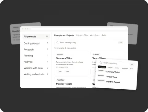 The library search returning prompts, context files, workflows and skills together